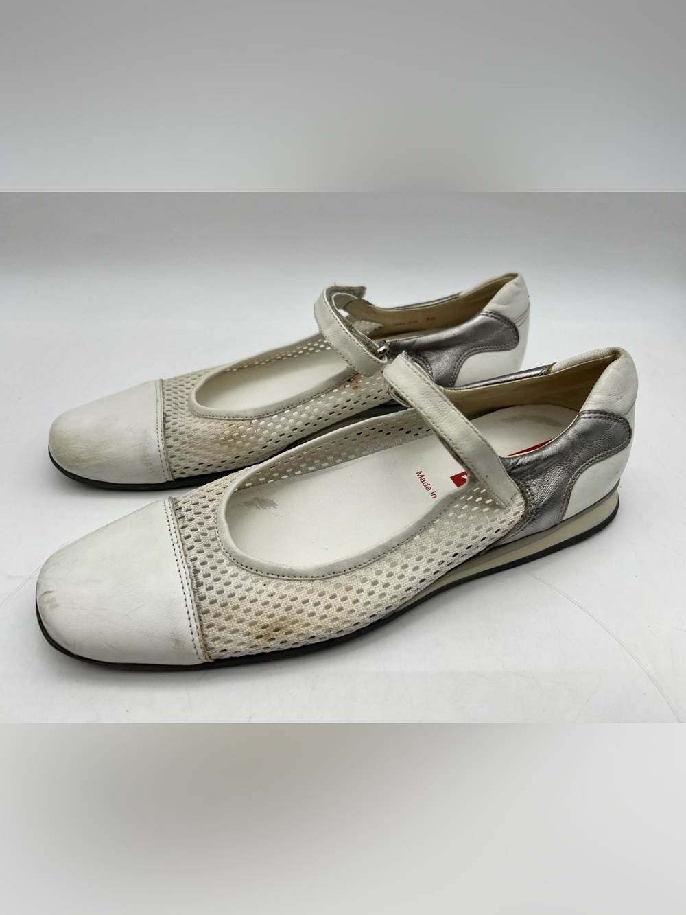 Prada Sport Ballet Flats White Silver Leather Mesh Mary Jane Shoes 36 / 6 US